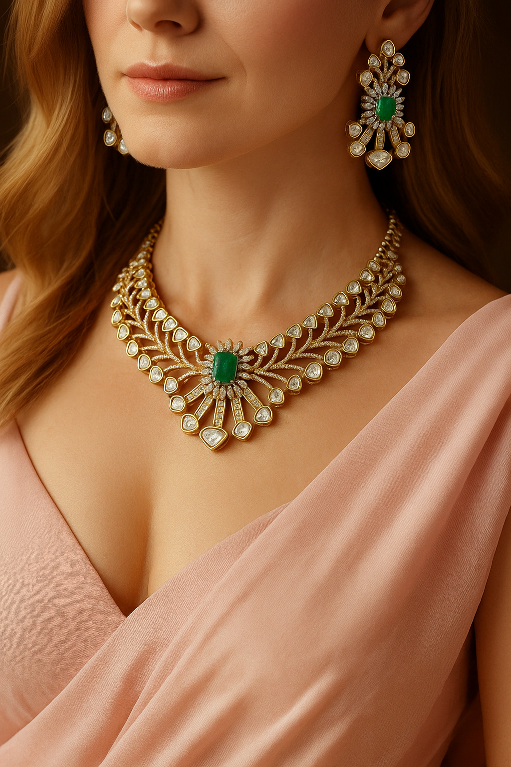 Emerald Green Stone Designer Necklace Set with Earrings